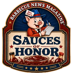 A vintage-style illustrated label or magazine cover design reading 'Barbecue News Magazine' and 'Sauces of Honor,' featuring a cartoon pig in a hat holding a pen and notebook above a bowl of sauce, with two sauce bottles at the bottom.