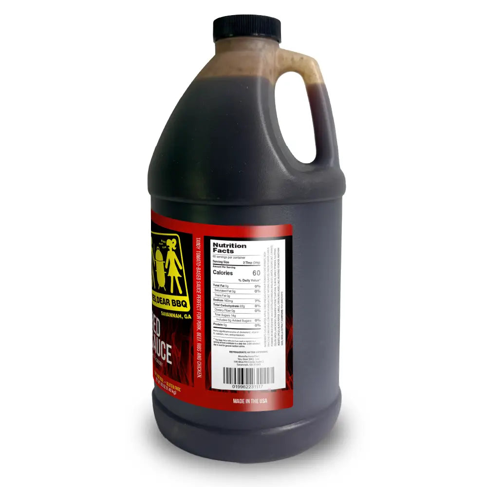 Red Sauce half gallon, featuring a red and black label with nutrition facts, shown on a white background.
