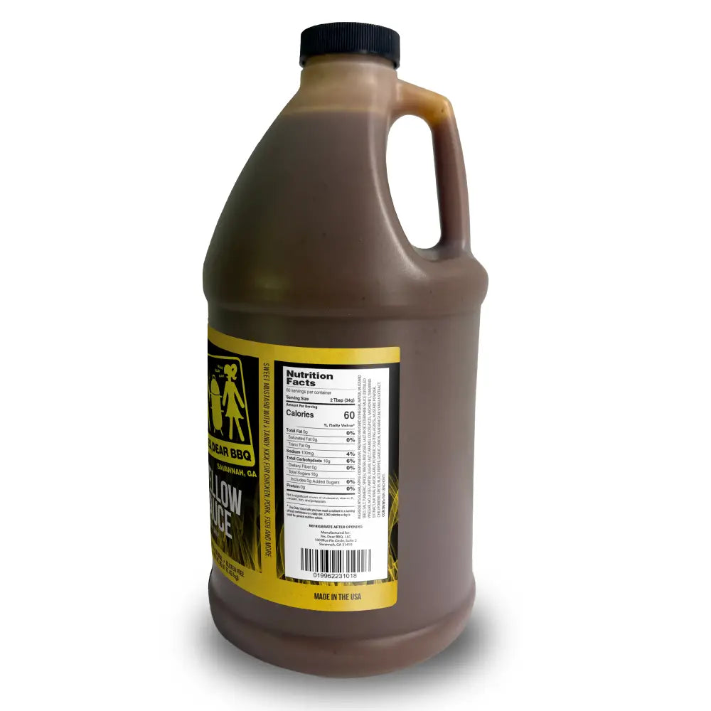 Yellow Sauce half gallon bottle with a black cap and a yellow label, shown on a plain white background.