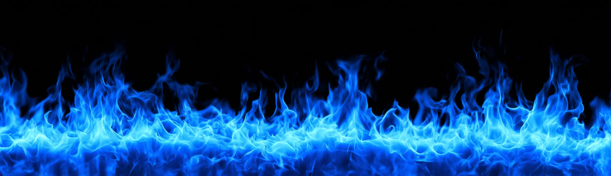 Vibrant blue flame pattern along the bottom edge of a black background, resembling stylized fire or digital flame graphics.