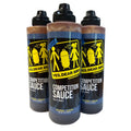 Three squeeze bottles of bbq sauce 'Yes, Dear BBQ' Competition Sauce arranged in a group on a plain white background.