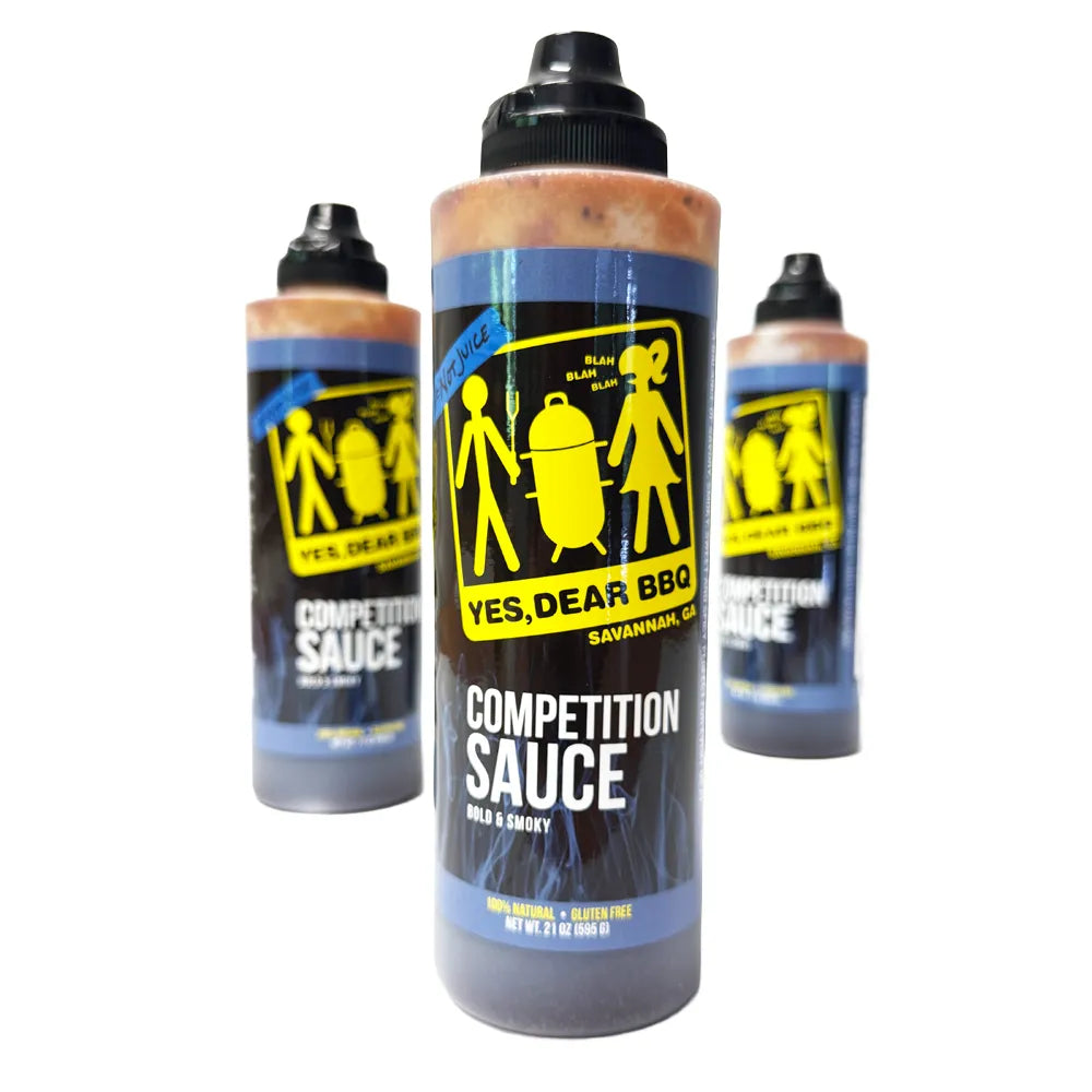three bottles of competition bbq sauce on white background