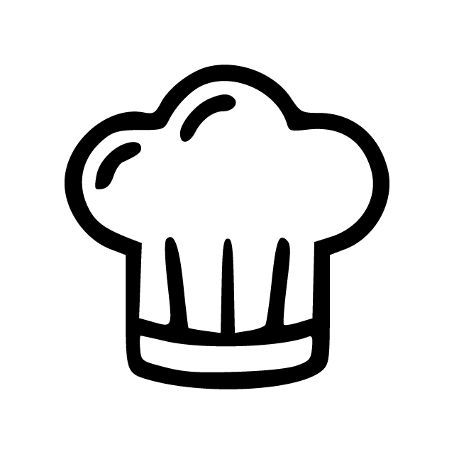 A simple black outline icon of a chef's hat on a plain white background.