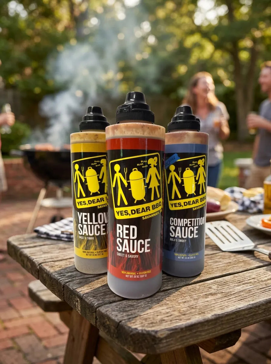 Three bottles of Yes, Dear Brother barbecue sauce are lined up on a rustic wooden picnic table outdoors, with a barbecue grill, smoke, and people blurred in the background.