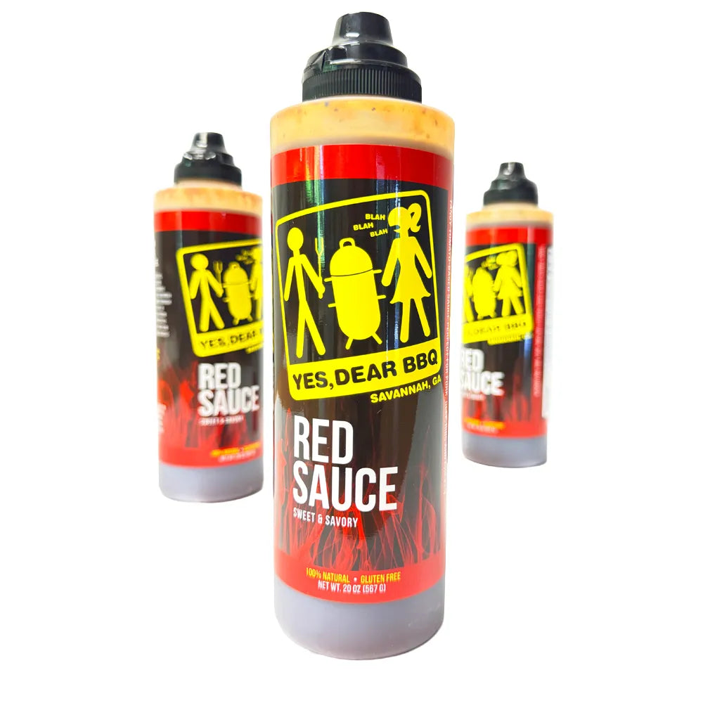 three bottle of red sauce on white background