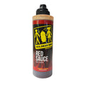 front view of red sauce bottle on white background