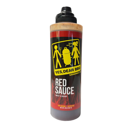 front view of red sauce bottle on white background