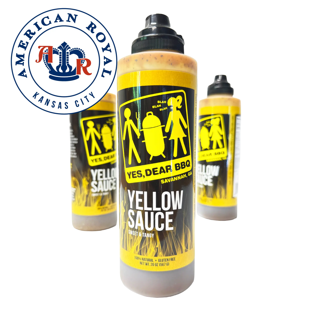 Yes, Dear BBQ Yellow Sauce arranged on a white background, with a large circular American Royal Kansas City logo in the upper left.