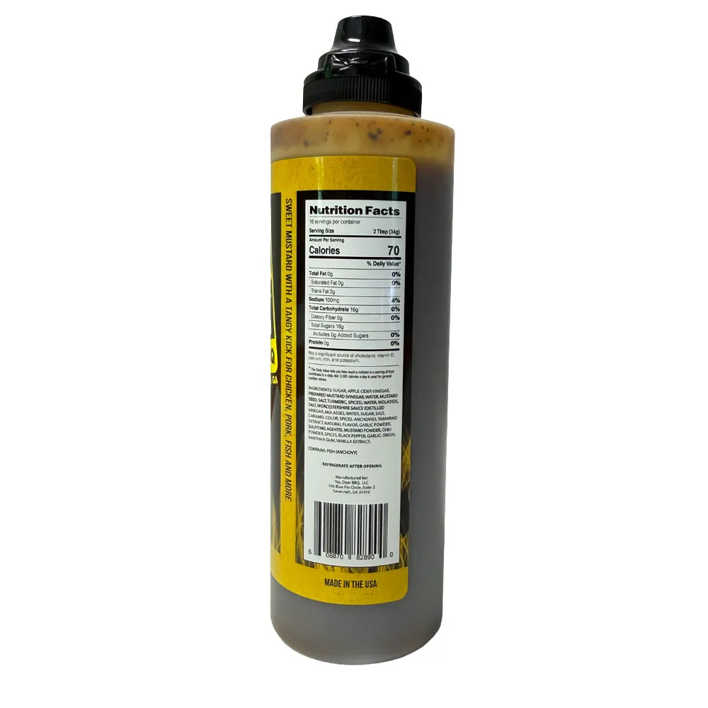 side view of nutrition panel of yellow sauce bottle